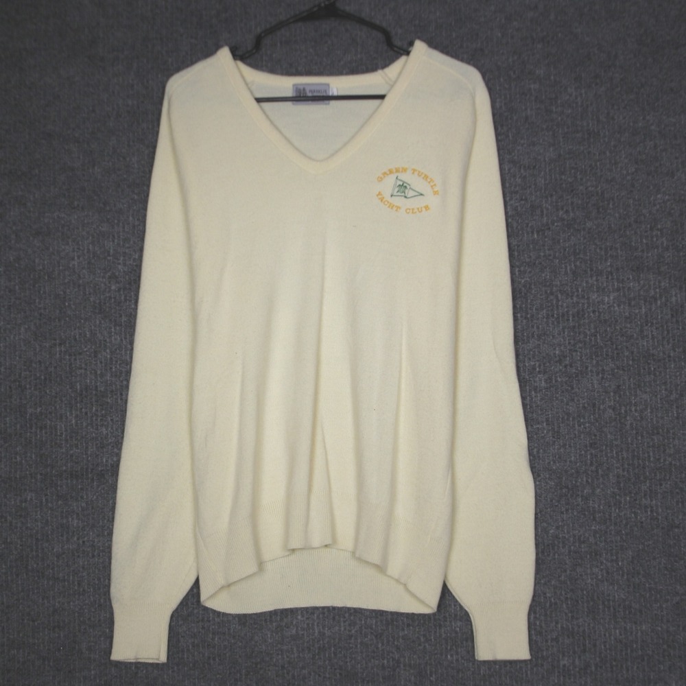 Franklin Spills Mens V Neck Sweater Cream Green Turtle Yacht Club Embroidered L